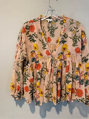 Lucky Brand Pink Floral V-Neck Tunic with Yellow & Orange Blooms thumbnail 1