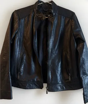 Bernardo Black Genuine Leather Full Zip Chunky Gold Buttons Moto Biker Jacket L thumbnail 1