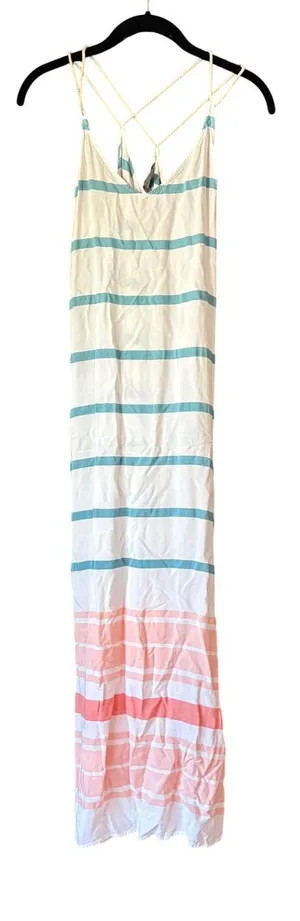 Natural Reflections Womens Striped Maxi Dress‎ Teal Pink Rope Straps Size Small thumbnail 1