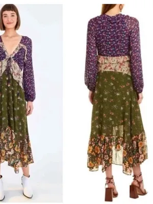 NWT Farm Rio Mixed Liberty Ruffle Silk‎ Midi Dress Beaded Womens Size L thumbnail 3