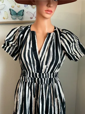 Anthropologie XS Black White Stripe Maxi Dress Cotton Pockets thumbnail 3