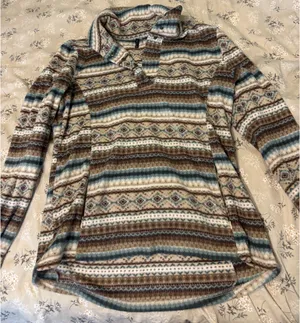 North River Ladies Brown & Teal Aztec Striped Quarter-Button Fleece Pullover thumbnail 2