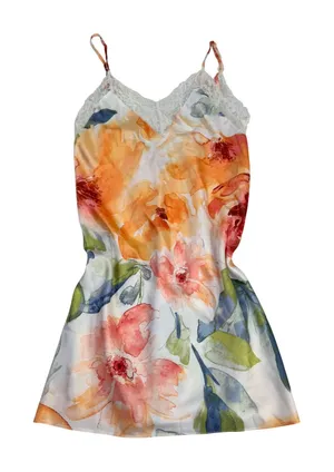 Linea Donatella Floral Satin Lace Trim Chemise Nightgown Orange Pink Small‎ thumbnail 1
