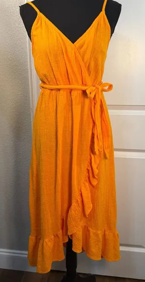 Emma & Michele Orange Cotton Gauze Ruffle Wrap Dress Size S thumbnail 1