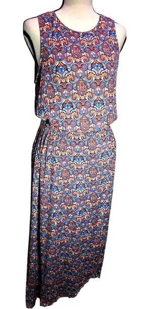 Disney Parks Mickey Mouse Paisley Keyhole Back Maxi Dress Orange Blue Large thumbnail 1