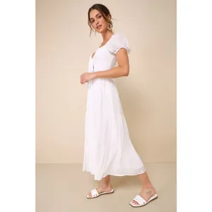 Lulus Darling Concept White Tiered Tie-Front Puff Sleeve Dress Classy Medium thumbnail 3