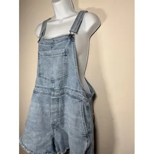 AERIE Denim Shortalls Med Blue Light Wash Raw Hem Boho Summer Overalls Y2K Beach thumbnail 5