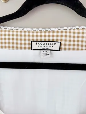 Bagatelle Cottagecore Gingham Front Tie Lace Trim Blouse Tan White Large thumbnail 3