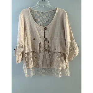Linen Blouse Jacket Womens XL Blush Pink Lace Detail Boho Fairy Whimsy Coquette thumbnail 16