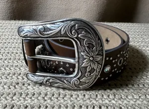 Western Brown Leather Rhinestone Studded Belt Medium Floral Engraved Buckle thumbnail 1
