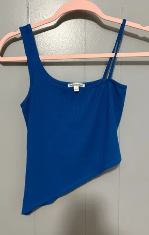 Reformation Blue Ribbed Tencel Blend Asymmetrical Casual Crop Tank Top S thumbnail 1