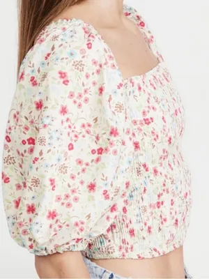 Sokie Collective White Puff Sleeve Greenwich Ditsy Floral Smocked Top Sz M thumbnail 3