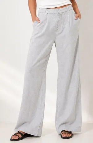 NWT Old Navy Linen Wide Leg Trouser Pants Gray Ivory Stripe High Rise Size Large thumbnail 1