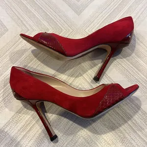 Jimmy Choo Rocky Red Suede Peep-Toe Pumps for Women – Size 37.5 thumbnail 5