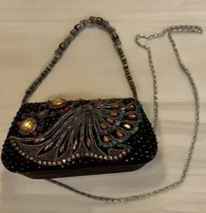 Beautiful Black Jeweled Beaded Crossbody Handbag Floral Fabric Pattern thumbnail 2