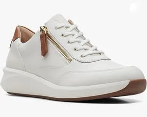 Clarks Women's White Leather Sneakers with Gold Zip and Brown Accents Size 8.5 thumbnail 1