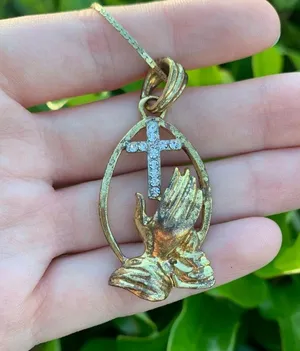 Gold Color Praying Hands Rhinestone Cross Necklace thumbnail 3