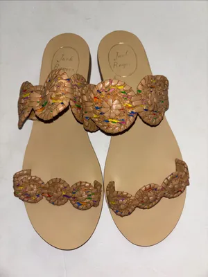 Jack Rogers Tan Leather Braided Slide Sandals with Multicolor Thread SIZE 8.5 thumbnail 1