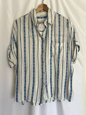 En Crême Blue & White Vertical Stripe Button-Down Shirt thumbnail 1