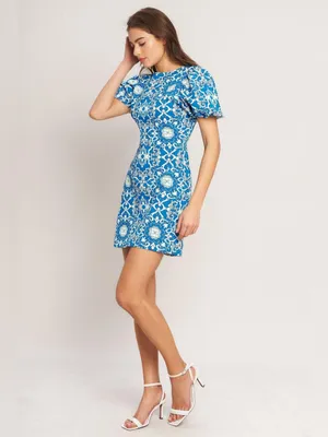 Flying Tomato White Blue Puff Sleeve Dress Medium thumbnail 4