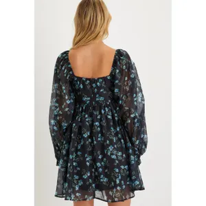 Lulus Black Blue Floral Puff Sleeve Square Neck Babydoll Mini Dress Medium‎ thumbnail 3
