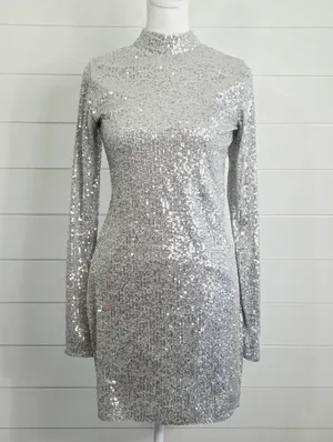Abercrombie & Fitch Silver Shimmering Sequin Long Sleeve Mini Dress Size S thumbnail 2