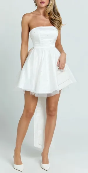Showpo Cailene Ivory Strapless Pearl Mini Dress with Bow Train Size 12 thumbnail 1