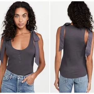 Ulla Johnson Tank Top Women P Grey Ribbed Cotton Tie Shoulder Henley Scoop Neck‎ thumbnail 11