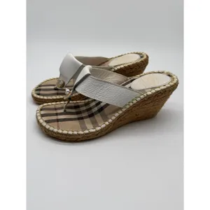 Burberry Wedge Sandals Womens 39 White Nova Check Espadrille Thong Leather thumbnail 2