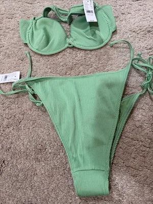 NWT PacSun Ribbed Green String Tie Bikini Set size L thumbnail 5