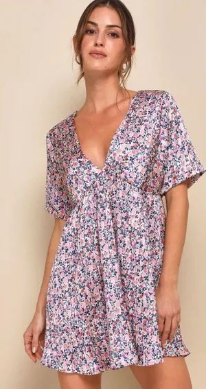 Lulus Blush Pink Floral Print Satin Babydoll Dress thumbnail 1