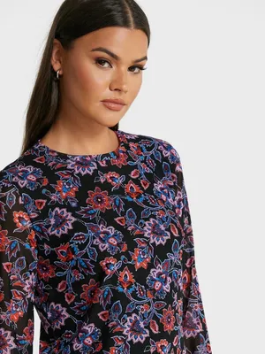Banana Republic • floral print long sleeve mesh tee knit top blouse black sheer thumbnail 7