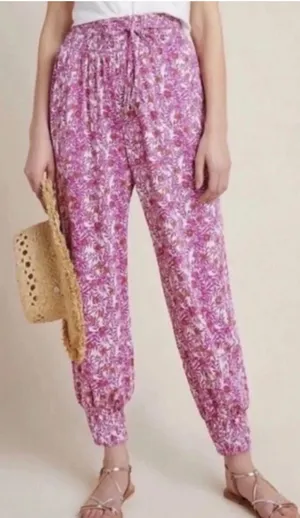 Anthropologie Pink Floral Drawstring Joggers thumbnail 1