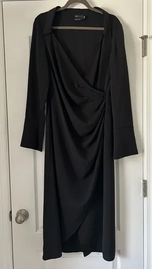 ASOS Black Draped Side Ruching Tulip Hem Long Sleeve Dress V Neck thumbnail 1