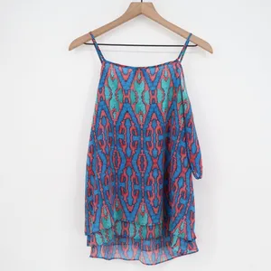 Nicole Miller M Cold Shoulder Tie Neck Blouse Top Geometric Print Blue Pink M thumbnail 5