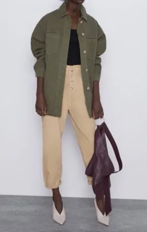 Zara Baggy Buttoned Tan Paperbag Trousers Pants Cotton Size 2 thumbnail 8