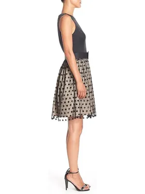 Eliza J Cocktail Dress Womens 6 Black Tan Excellent Sequin Polka Dot Belted thumbnail 3