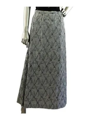 Vintage 1970s Black White Gingham Skirt with Black Flocked Flowers Medium thumbnail 1