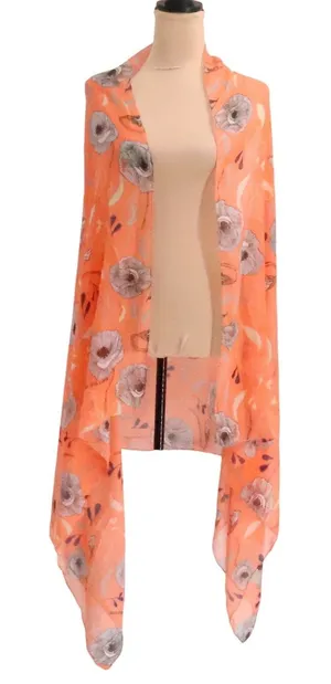 Printed Village Orange Floral Scarf Wrap Shawl Boho Sheer Lightweight‎ 74x38 thumbnail 1