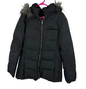 Calvin Klein size Large black hooded puffer coat jacket duck down & feather fill thumbnail 1