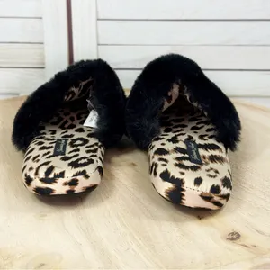 Victorias Secret Leopard Print Faux Fur Trim Satin Slippers‎ Tan Black Medium thumbnail 7