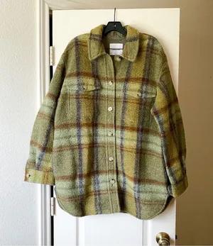 Jacket Ganna Shirt Shacket Fuzzy Wool Plaid Prairie Sage Mint L GUC thumbnail 2