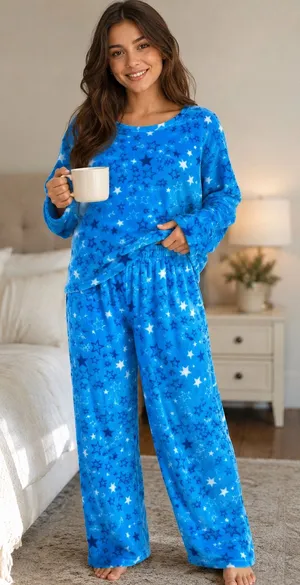 Mayfair Group Micro fleece Cozy Star-Print V-Neck Pajama Set - Blue thumbnail 1