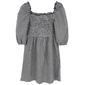 Mango Black White Gingham Smocked Puff Sleeve Mini‎ Dress Size 2 Cotton EUC thumbnail 2