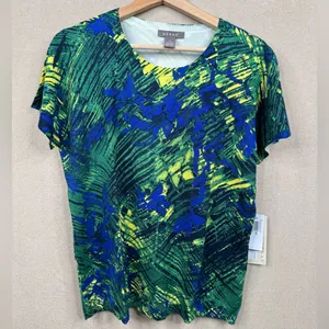 KENAR Blue Green Silk Blend Daphne Knit Top Sz XL Multicolor Print Short Sleeve thumbnail 2