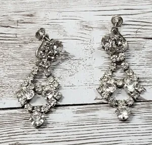 Vintage Screw On Earrings - Dangle Earrings - Clear Gem - 1.75" thumbnail 1