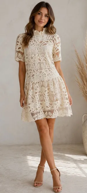 Current Air Ivory Lace Mock Neck Drop Waist Mini Dress M thumbnail 1