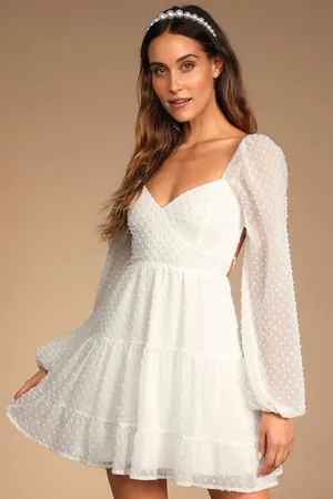 NWT Lulus Longing And Love White Swiss Dot Puff Long Sleeve Mini Dress Wedding L thumbnail 1