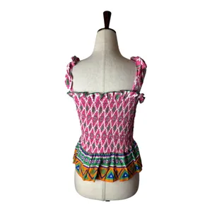 Feather & Find Shirt Women XS Pink Geometric‎ Shiva Boho Luxe Smocked Tie Strap thumbnail 3