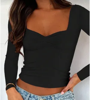 Women Sweetheart Neck Long Sleeve Fitted T-Shirt thumbnail 1